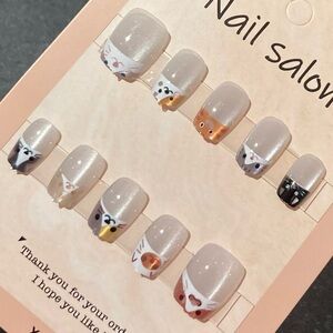 [M] 🐈‍⬛🐱🐈💅 10Pcs Wearable Reusable Press on Nails Full Cover French Cat Kittens